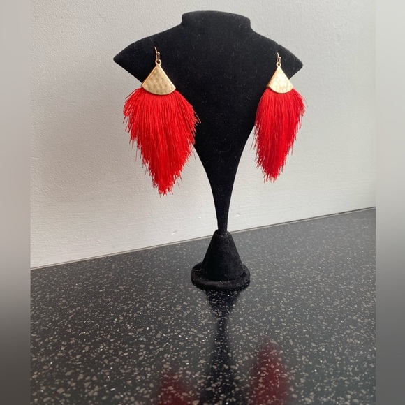 Vintage Red and Gold Tassel Drop Earrings with Dramatic Fringe - Picture 5 of 7